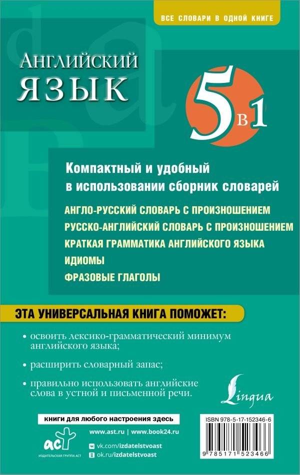 Английский язык. 5 в 1: англо-русский и русско-английский словари с произношением, краткая грамматика английского языка, идиомы, фразовые глаголы фото книги 2