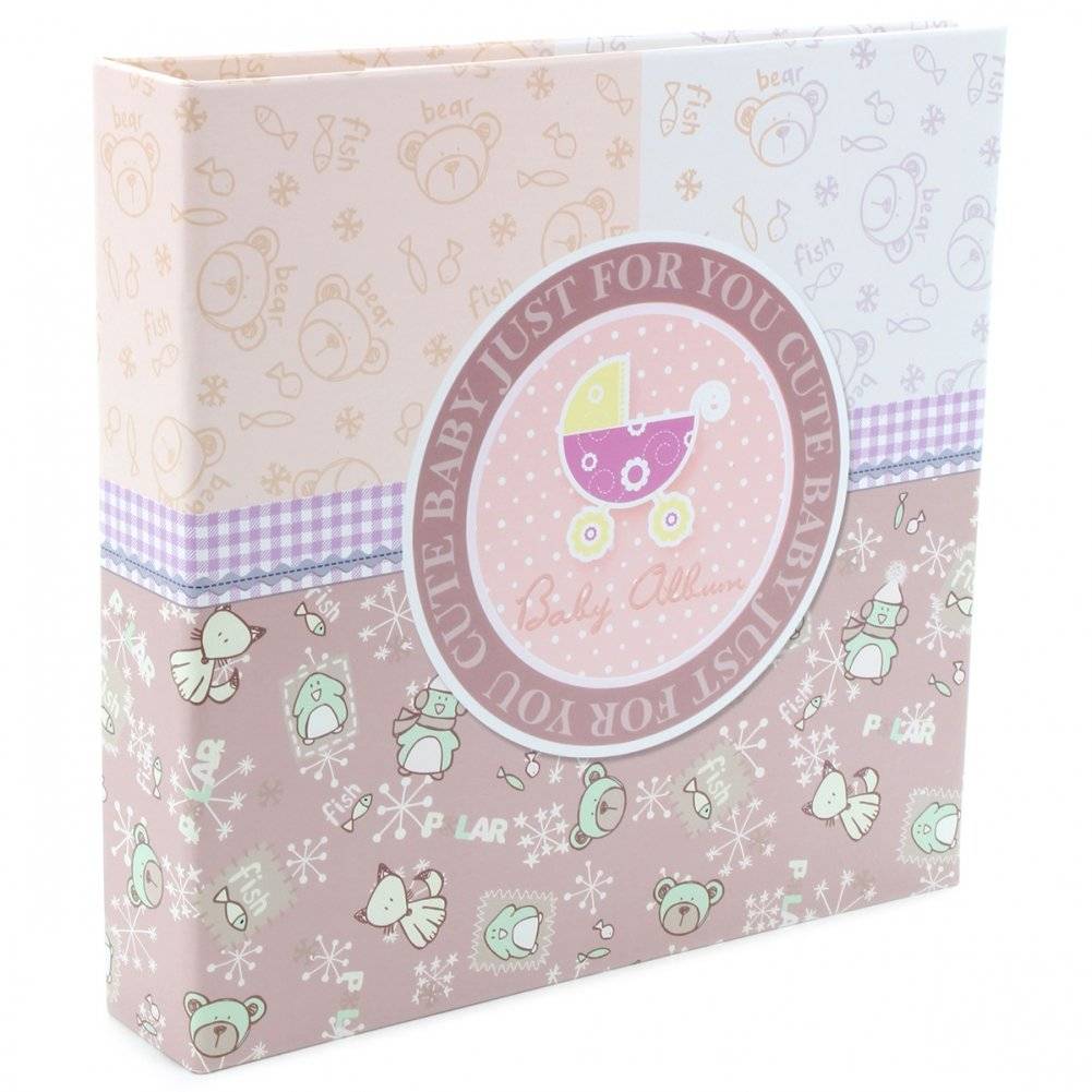 Фотоальбом-анкета, цвет розовый (рисунок: коляска) | Pink Photo Album with Baby Carriage Illustration